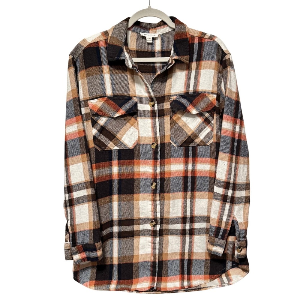 Womens Plaid Flannel Shirt Jacket BeachLoungeLunch Orange Brown White - Picture 4 of 13